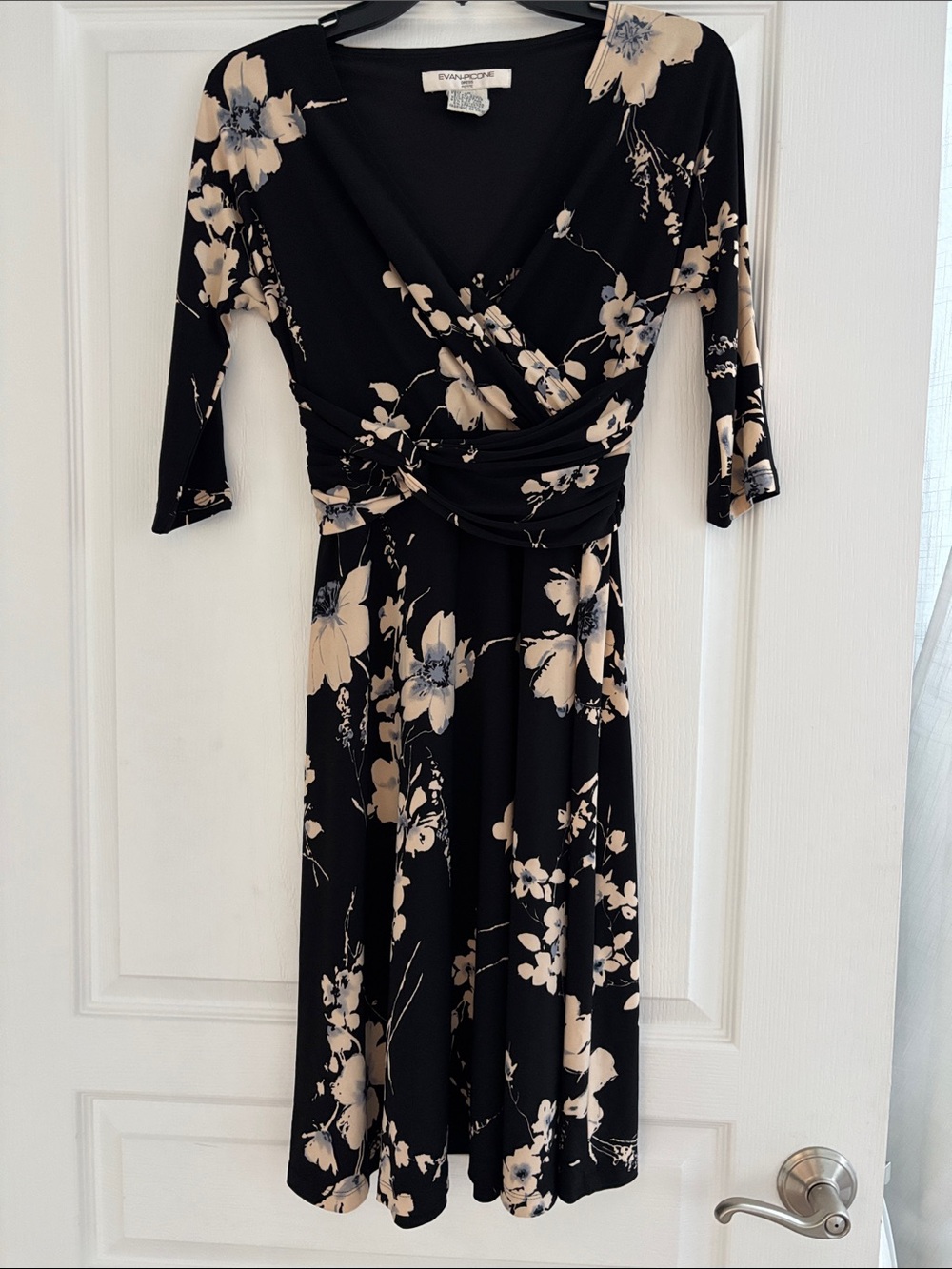 Evan Picone Black Midi Dress with Cream Floral Print